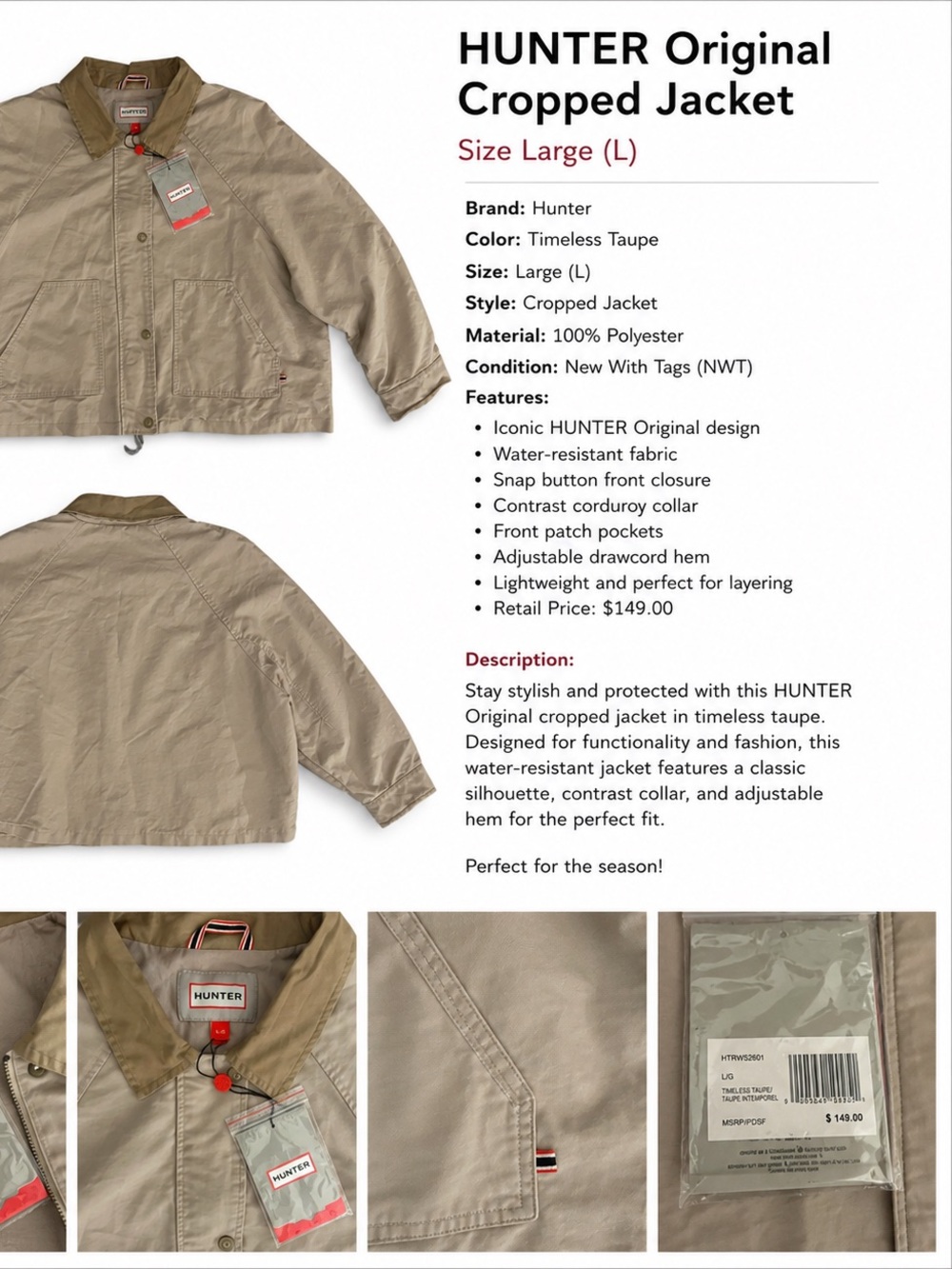 Hunter Original Cropped Oversized Jacket Women’s L Taupe Button Front